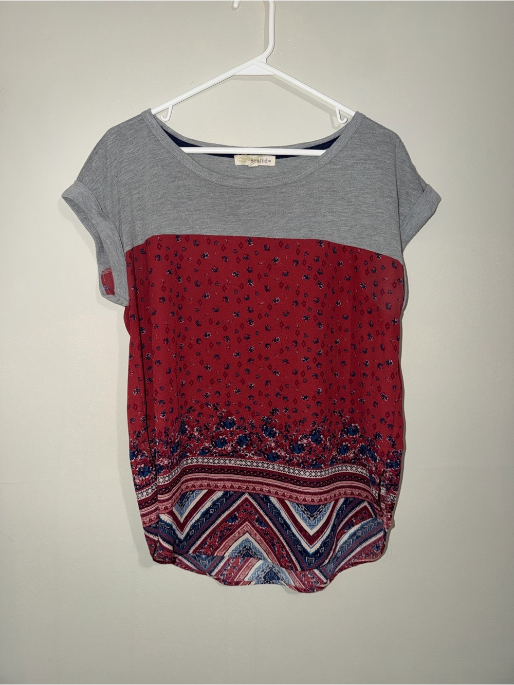 Rewind Gray & Burgundy Boho Print Short Sleeve Top – Size L